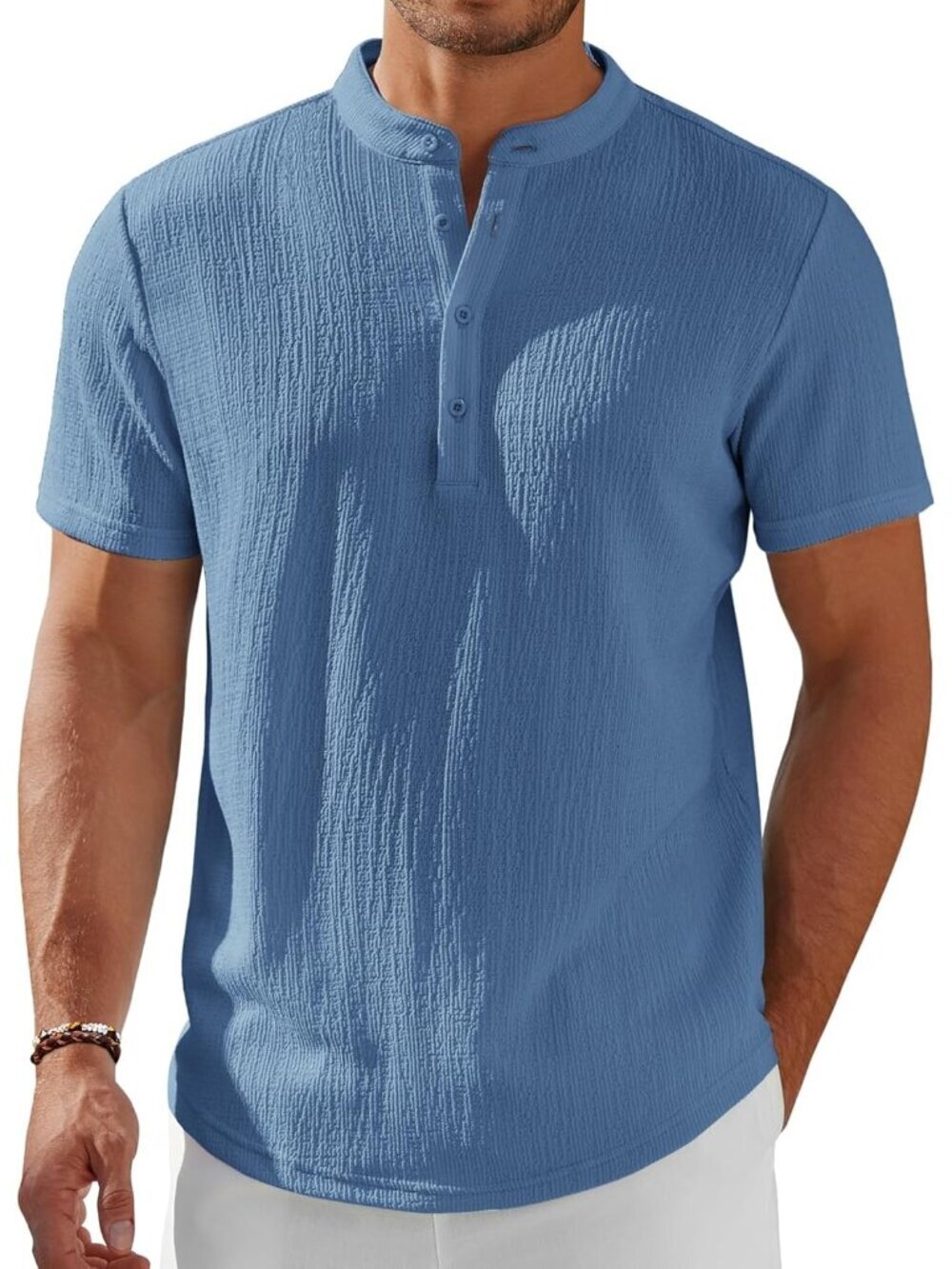 Men's Grey Blue Henley Short Sleeve Stand Collar Summer Casual Hippie Shirts